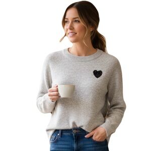 REITMANS Crew Neck Sweater with Black Sequinned‎ Heart Detail Light Grey Sz XS
